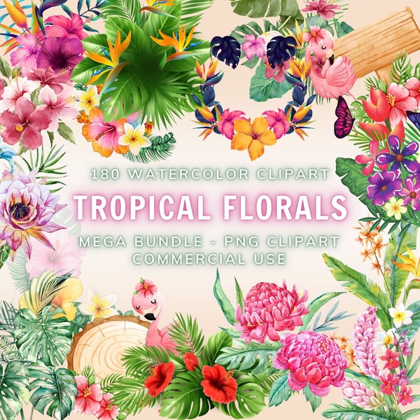 180 Tropical Plants Watercolor Clipart, Stickers, PNG, Digital Download, Jungle Clipart, Tropical Clipart, Design, Tropical Flowers Clipart