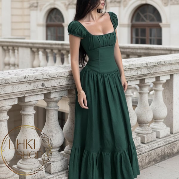 Linen Midi Dress With Pockets, Short Sleeve Princess Dress, Cottagecore Dress Square Neck Dress, Summer Sundress Fit And Flare, A Line Gown