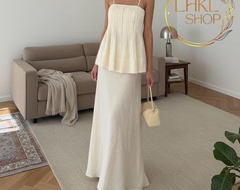 Summer Ruffled Top And Skirt Set, Sleeveless Top, Women Tank Top, Loose Top, Maxi Long Linen Skirt, Flared Skirt, Bohemian Set, Matching Set