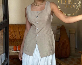 Womens Long Linen Waistcoat, Linen Vest For Women, Square Neck Top, Button Front Top, Sleeveless Top, Women Vest, Linen Tank Top, Women Suit