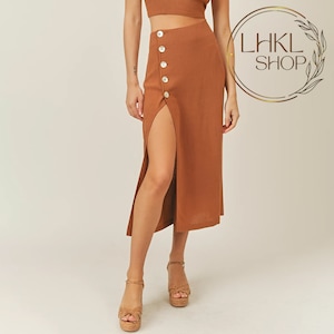 Falda larga de lino con botones, falda midi de lino, falda larga para mujer, falda dividida, falda en forma de A, falda de cintura alta, falda de playa, falda de verano