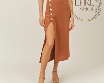 Langer Leinenrock mit Knöpfen, Midi-Leinenrock, Frauen-Maxirock, Split-Rock, A-Linienrock, hoch taillierter Rock, Strandrock, Sommerrock