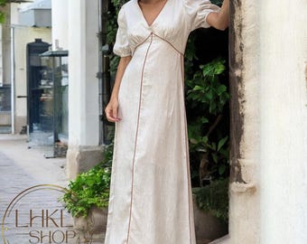 Maxi Linen Dress, V Neck Dress, Long Dress, Summer Dress, Puffy Short Sleeve Dress, Loose Fit Dress, Elegant Dress, Party Dress Relax Fit