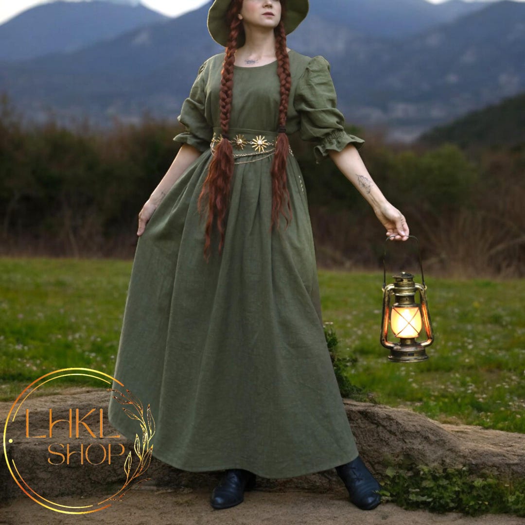 Rusty Rustic Long Dress Rustic Linen Dress, Long Sleeve Women Dress, Round Neck Dress, Puff ...