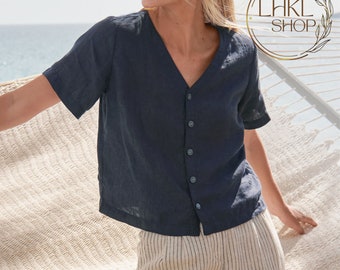 Button Front Linen Top, Short Sleeve Blouse, Women Linen Shirt, Summer Linen Top, Summer Shirt, V-neck Top, Relax Fit Top, Linen Tunic Top