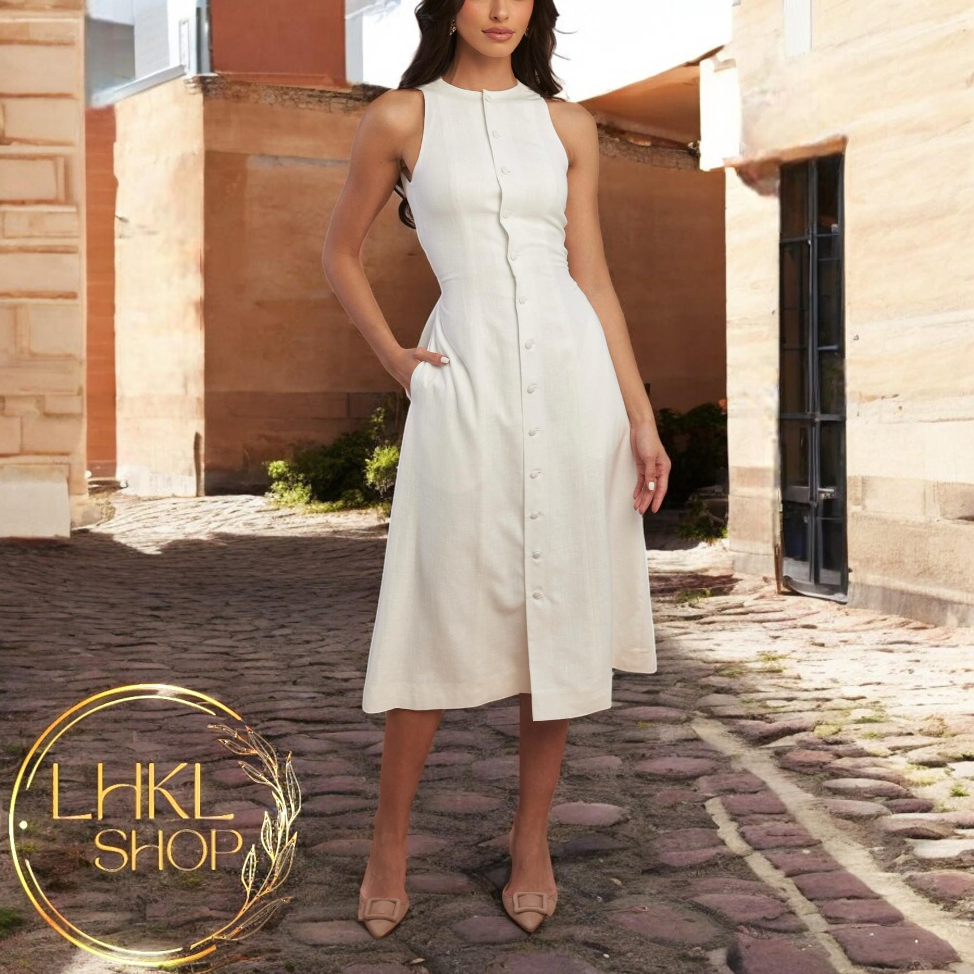 Midi Button Down Dress, Women Linen Long Dress, Summer Dress With Pockets, Sleeveless Dress, Fit And Flare Dress, Elegant Vintage Prom Dress Midi Button Down Dress, Women Linen Long Dress, Summer Dress With Pockets, Sleeveless Dress, Fit And Flare Dress, Elegant Vintage Prom Dress