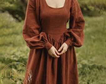 Long Sleeves Linen Dress, Maxi Dress, Modest Linen Dress, Retro Vintage Dress, Elegant Dress, Dress With Belt, Fit Flare Dress, Winter Dress