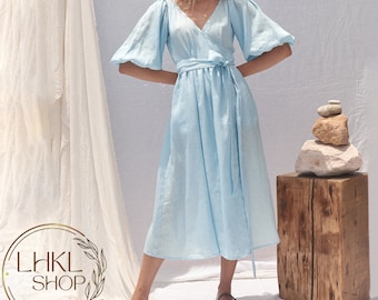 Vestido cruzado de lino de manga corta, vestido largo de lino, vestido midi, vestido con cuello en V, vestido bohemio largo, vestido de playa de verano, vestido con lazo en la cintura, vestido holgado