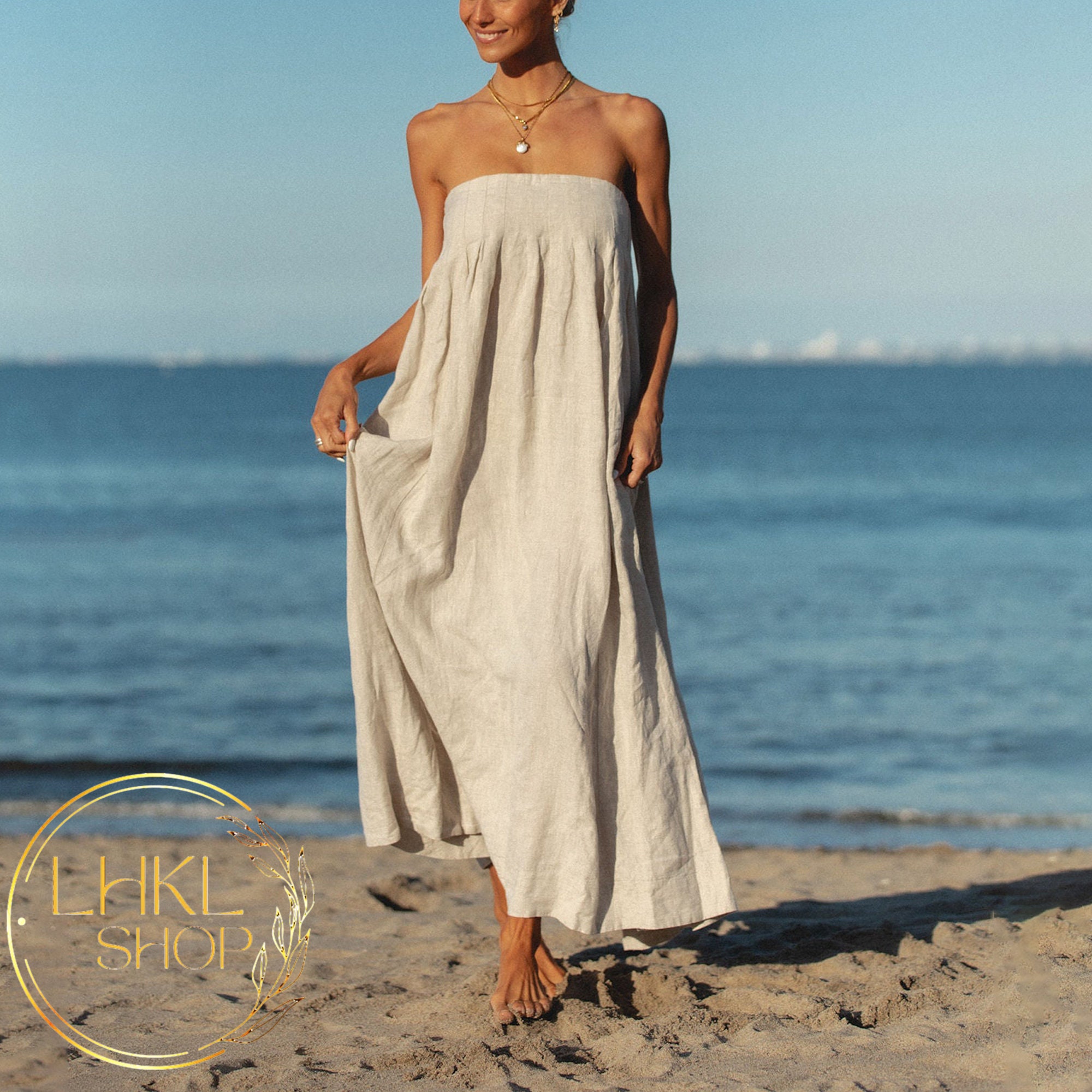 women's flowy beach dress Linen Maxi Women's Spaghetti Strap Linen Maxi Dress – Sleeveless Tiered Ruffle, Dress With Pockets, Summer Casual destination wedding dresses