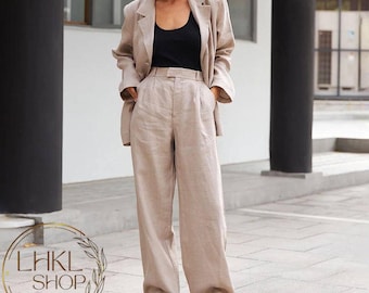 Linen Blazer And Pants Set, Womens Linen Suit, Oversize Linen Coat, Linen Jacket For Women, Formal Blazer, Loose Linen Jacket, Women Pants
