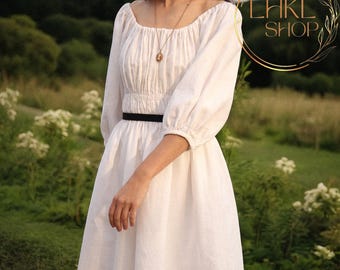 Women Vintage Dress, Linen Retro Dress, Summer Dress, Maxi Dress, Puffy 3/4 Sleeves Dress, Flowy Dress, Bohemian Dress, Cottagecore Dress