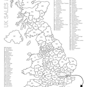 May include: A black and white map of the United Kingdom with each region labelled with its two-letter abbreviation. The map shows the different regions of England, Scotland, Wales, and Northern Ireland.