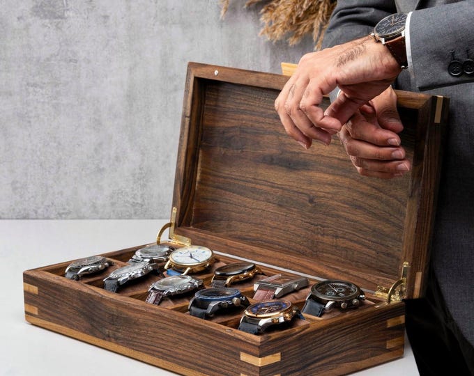 Handmade Walnut Watch Box, Personalized Watch Storage, Engraved Wood Watch Case (1,5,8,10, 12,15 or 24 Slots), Glass or Wood Lid Options