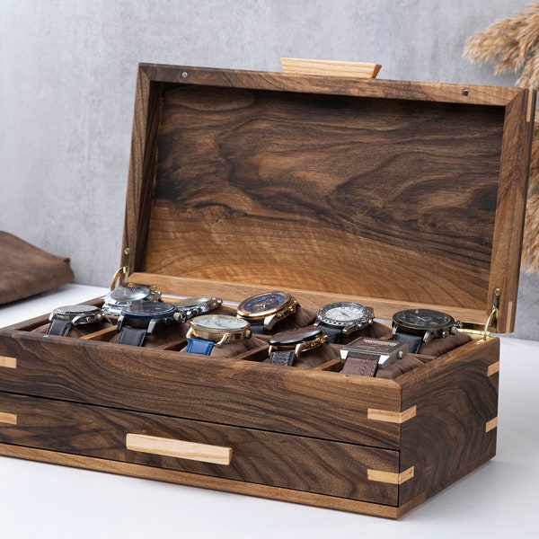 Watch Box with Drawers for Collectors, Personalized Watch Box For Men, Custom Mens Jewelry Box, Handmade Watch Boxes (8-10-12-15 Slots)