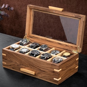 Caja para relojes personalizada de nogal macizo con cajón, estuche para relojes hecho a mano, almacenamiento personalizado para relojes (8, 10, 12, 15, 24 o 30 ranuras), regalo para el 5.º aniversario.