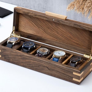 Scatola per orologi a 5 slot, scatola per orologi personalizzata da uomo, scatola per orologi da uomo in noce, cassa per orologi fatta a mano, vetrina per orologi personalizzata
