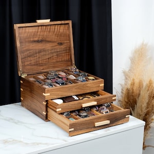 Scatola porta orologi in noce con 30 scomparti e cassetto, scatola porta orologi personalizzata, scatola porta orologi fatta a mano per collezionisti, regalo per marito, grande scatola porta orologi personalizzata