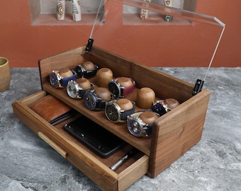 Walnut Watch Box with Drawer, Personalized Watch Case (for 10 watch), Custom Watch Holder, Leather Lining Options, Watch Lover Gift