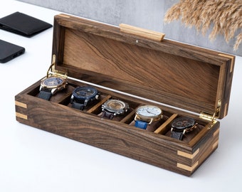 Personalized Watch Box, Handmade Solid Walnut Wood Watch Box (5 Slots), Luxury Watch Storage, Custom Watch Case, Meaningful Gift for Men