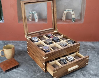 Handmade Walnut Watch Box with Drawer, Personalized Watch Case (24 slots), Engraved Watch Storage, Glass or Wood Lid Options, Gift for Him