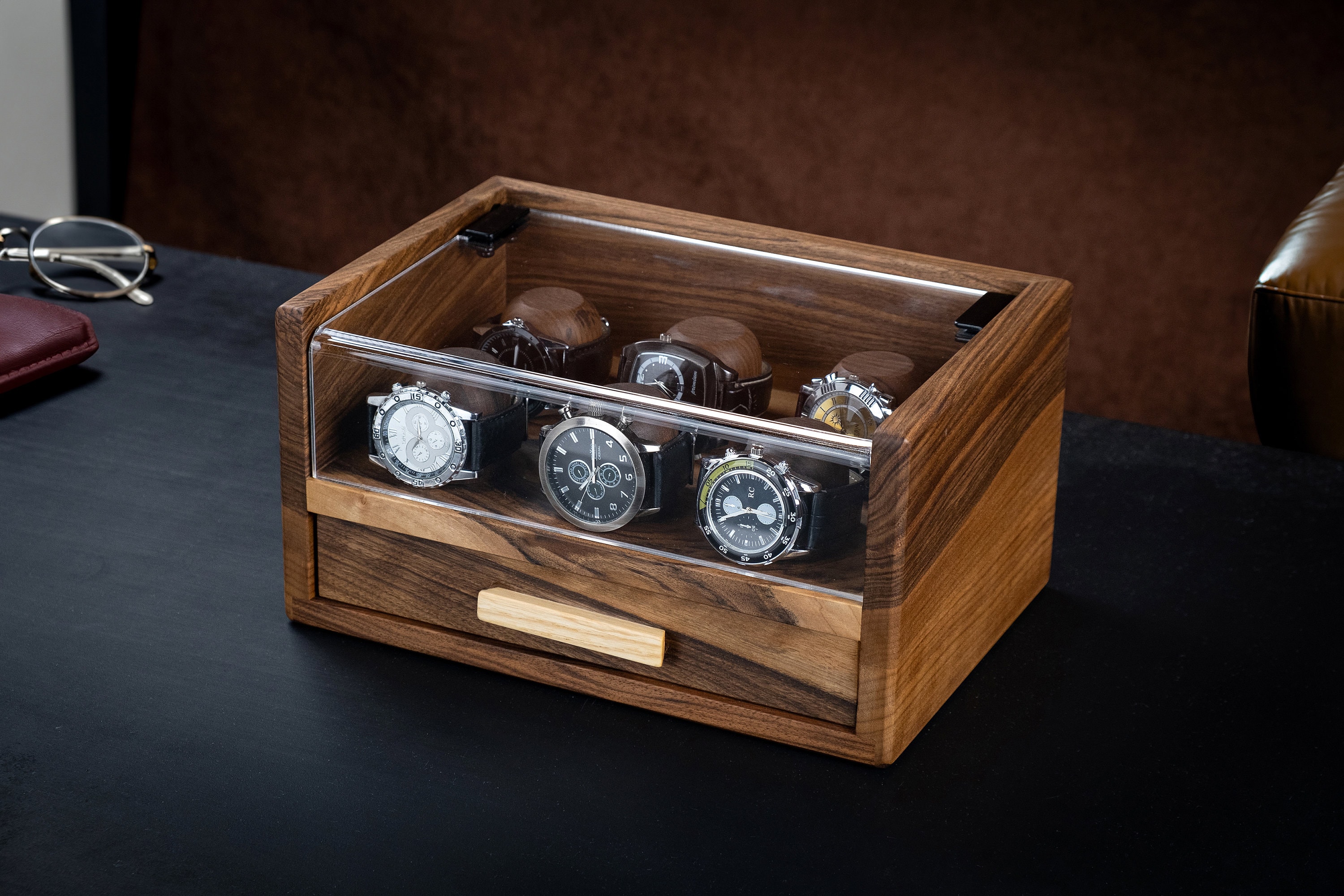 Decor Luxury Wooden Watch Valet Sunglasses Jewelry Box Storage (Sweetheart)