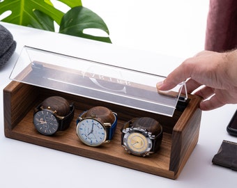 Solid Walnut Wood Watch Box, Personalized Watch Boxes, Custom Watch Holder, Engraved Watch Box (for 3 Watches), Acrylic Cover, Gift for Him