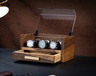 Personalized Walnut Watch Box with Drawer, Engraved Watch Storage, Custom Watch Holder, Leather Lining Opt., For the Man of Timeless Taste