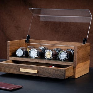 Walnut Watch Box with Drawer, Personalized Watch Storage (For 8 watches), Engraved Mens Jewelry Box, Vegan Leather Lining Options
