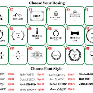May include: A green and white chart displaying 18 different designs for personalised engraved coasters. The designs feature names, initials, and phrases such as "Best Dad Ever" and "I Love You". The chart also includes a list of font styles to choose from.