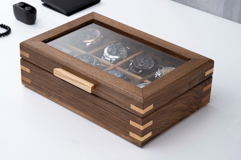 personalized walnut watch box with glass lid (8-10-12 Slots)