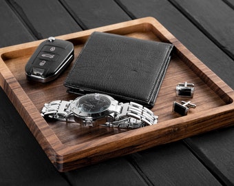 Walnut Valet Tray, Handmade Catch all Tray, Personalized Wooden Valet Tray, Wood Entryway Organizer, New Home Gift, (Leather Lining Options)