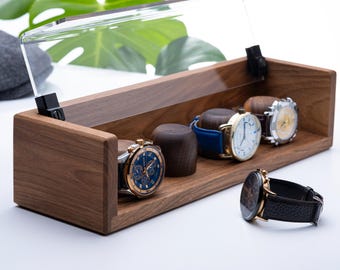 Caja de reloj de nogal personalizada, con opción de forro de cuero vegano, soporte grabado (para 2, 3, 4, 6, 8 o 10 relojes), regalo de Navidad.