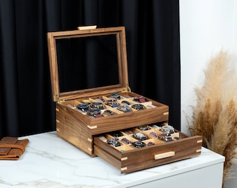 Handmade Walnut Watch Box with Drawer, Personalized Watch Storage (24 or 30 slot), Custom Watch Case, Glass or Wood Lid Option, Gift for Him