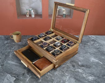 Handmade Walnut Watch Box with Drawer (Glass Lid), Engraved Watch Storage (15 Slots), A Thoughtful Gift for the Man Who Loves His Watches