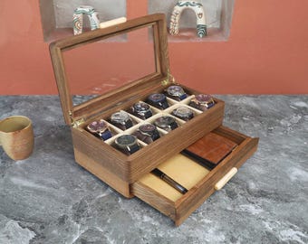 Scatola portaorologi in noce realizzata a mano con cassetto, custodia per orologi personalizzata (8-10 scomparti), contenitore per orologi su misura (legno - coperchio in vetro), regalo unico per gli amanti degli orologi
