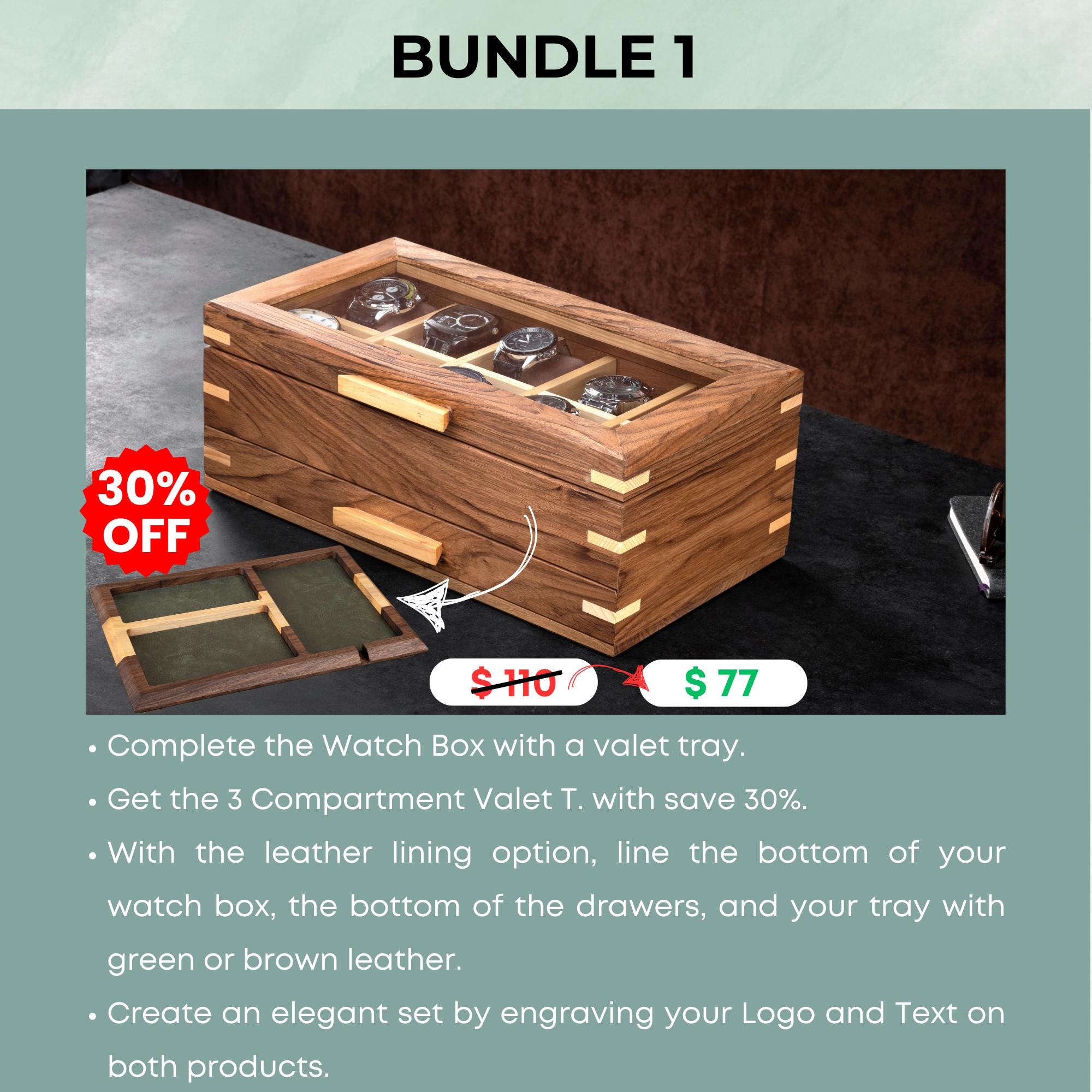 Personalized Watch Box With Drawer and Valet Tray Bundle Set, Handmade ...