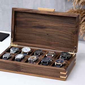 Watch Box For Men Solid Walnut Wood, Personalized Watch Box with Drawer, Custom Mens Watch Box, Handmade Watch Boxes with Glass Lid Options