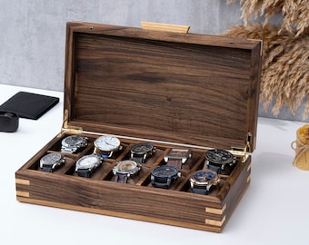 Watch Box For Men Solid Walnut Wood, Personalized Watch Box with Drawer, Custom Mens Watch Box, Handmade Watch Boxes with Glass Lid Options