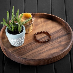 Walnut Wood Ottoman Tray: Round Coffee Table Organizer
