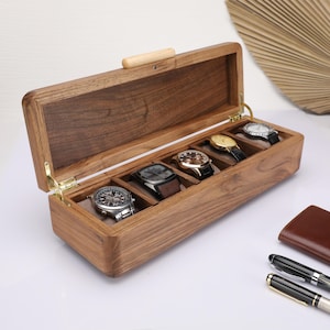 Walnut Watch Box for 5 Slots, Handmade Watch Storage, Personalized Watch Box, Custom Anniversary Gifts, Unique Birthday Gifts