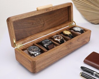 Handmade Watch Box (for 5 watches), Luxury Watch Case, Personalized Watch Box, Engraved Watch Box, Custom Solid Walnut Wood Watch Display