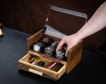 Personalisierte Walnuss-Uhrenbox mit Schublade, Schmuckschatulle