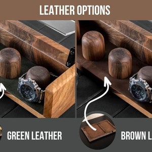 Puede incluir: Una caja de madera para relojes con dos opciones de forro de cuero: cuero verde y cuero marr&oacute;n. La caja tiene una ranura para un reloj y tres compartimentos redondos para relojes adicionales.