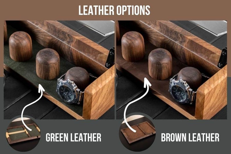 Puede incluir: Una caja de madera para relojes con dos opciones de forro de cuero: cuero verde y cuero marr&oacute;n. La caja tiene una ranura para un reloj y tres compartimentos redondos para relojes adicionales.