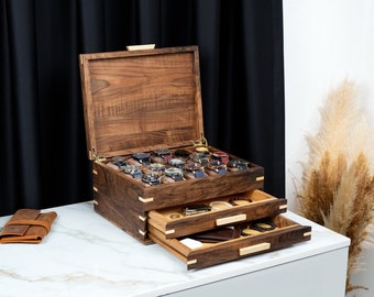Personalised Watch Box with Drawer, Engraved Watch Box, Handmade Watch Case (Wood or Glass Lid), Custom Watch Box (15 Slot), Unique Gifts