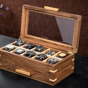 Personalized Walnut Watch Box with Drawer: Glass Lid Display Case