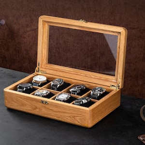 Handmade Chestnut Wood Watch Box with Glass Lid - Engraved 8-Slot Watch Case