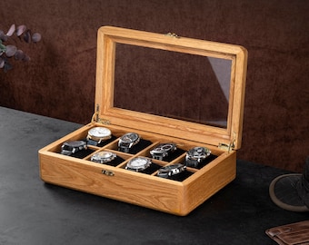 Handmade Watch Box, Personalized Chestnut Watch Case (8 or 10 Slot), Custom Watch Storage (Wood or Glass Lid Options), Gifts for Husband