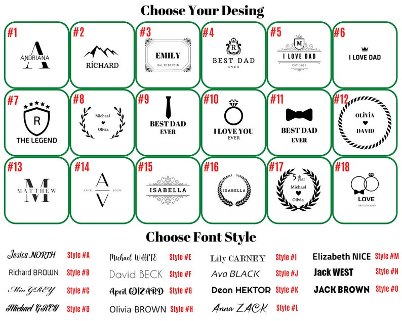 Puede incluir: Un gr&aacute;fico con 18 dise&ntilde;os diferentes para posavasos grabados personalizados. Los dise&ntilde;os incluyen nombres, iniciales, fechas y s&iacute;mbolos como corazones, coronas y corbatas. El gr&aacute;fico tambi&eacute;n incluye una lista de estilos de fuente para elegir.