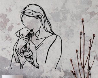Metal Line Art: Woman Holding Dog Wall Decor